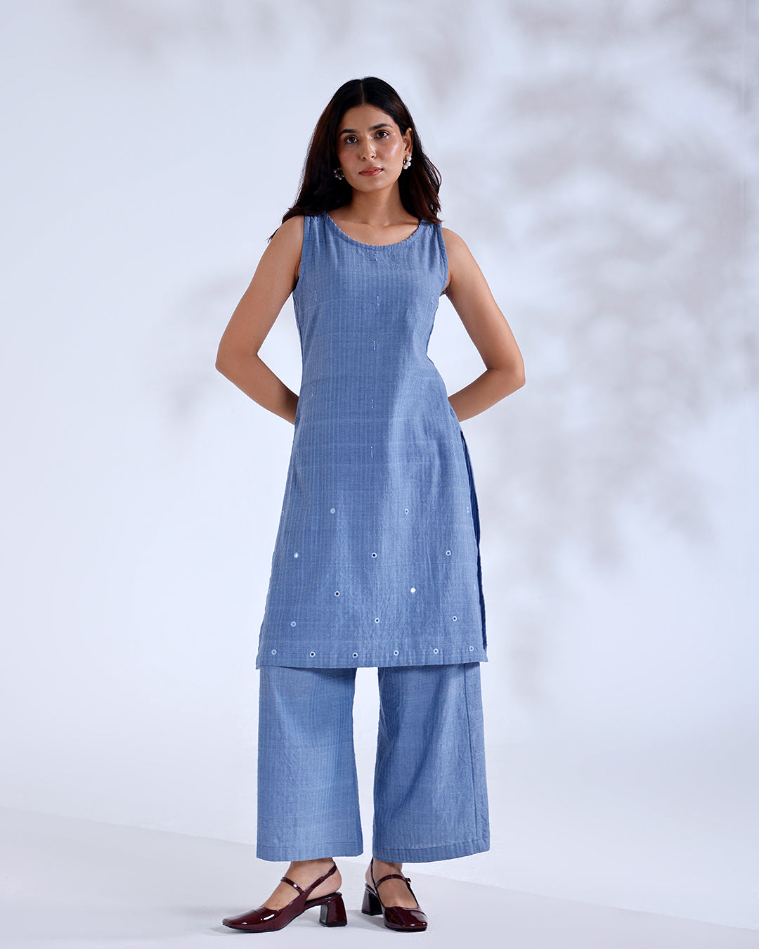 Gazal Dusky Blue Sleeveless Handwoven Cotton Kurta Set