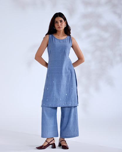 Gazal Dusky Blue Sleeveless Handwoven Cotton Kurta Set