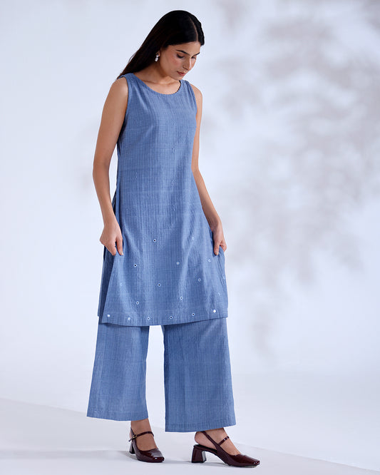 Gazal Dusky Blue Sleeveless Handwoven Cotton Kurta Set