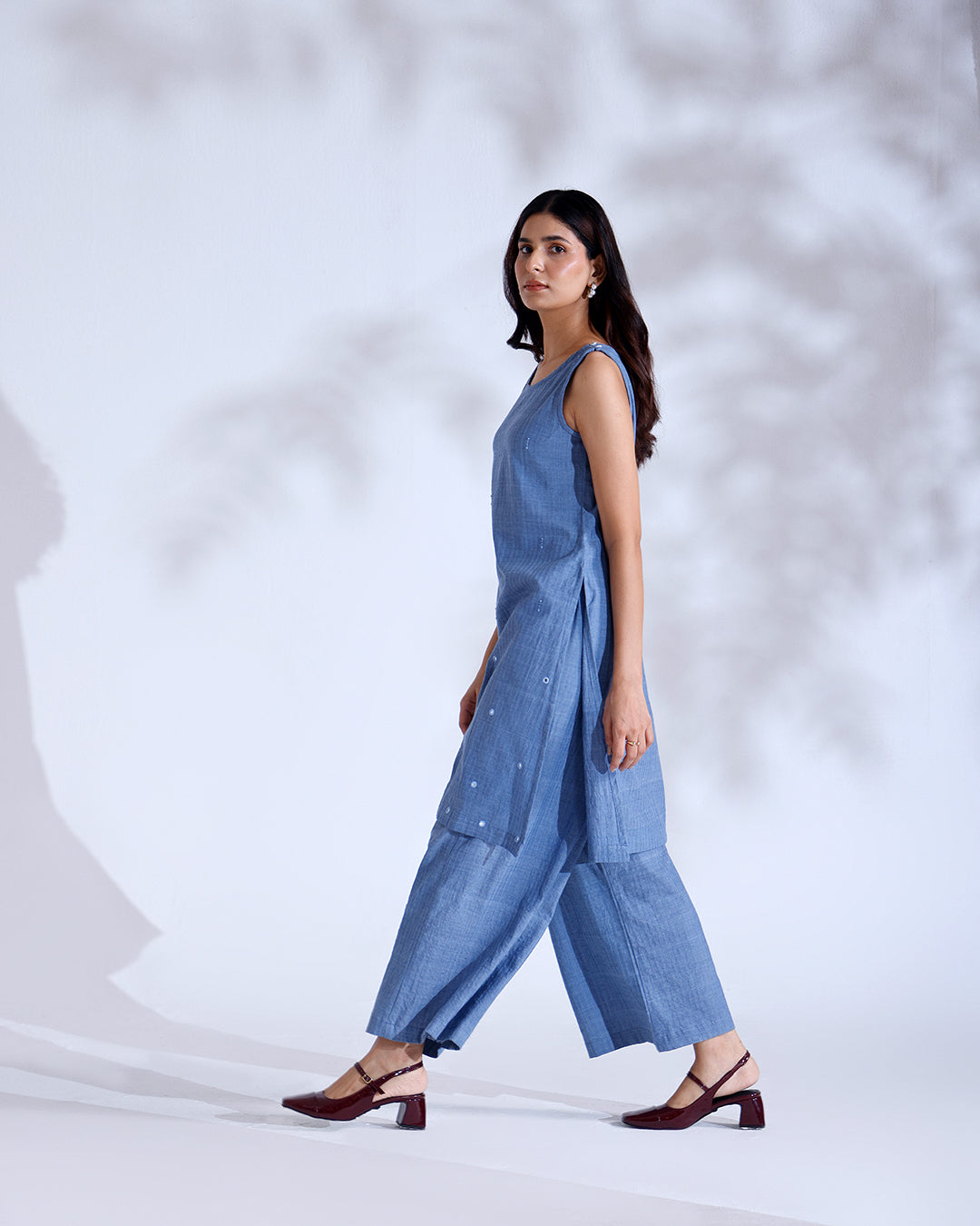 Gazal Dusky Blue Sleeveless Handwoven Cotton Kurta Set