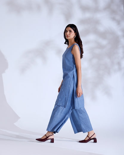 Gazal Dusky Blue Sleeveless Handwoven Cotton Kurta Set