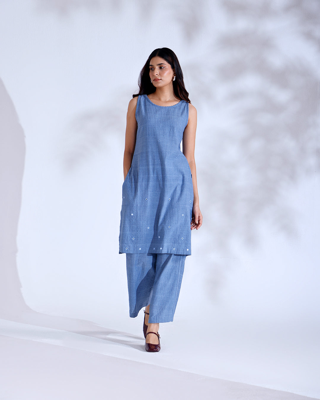 Gazal Dusky Blue Sleeveless Handwoven Cotton Kurta Set