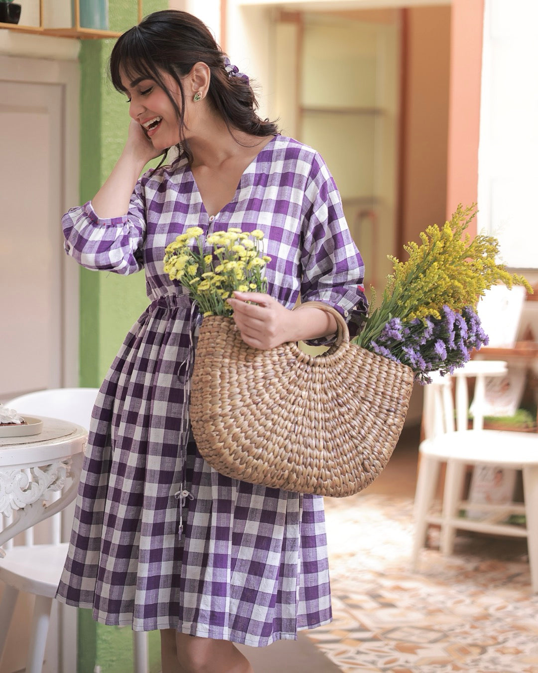 Shop Dress: Violet check cotton midi dress online at bebaakstudio.com