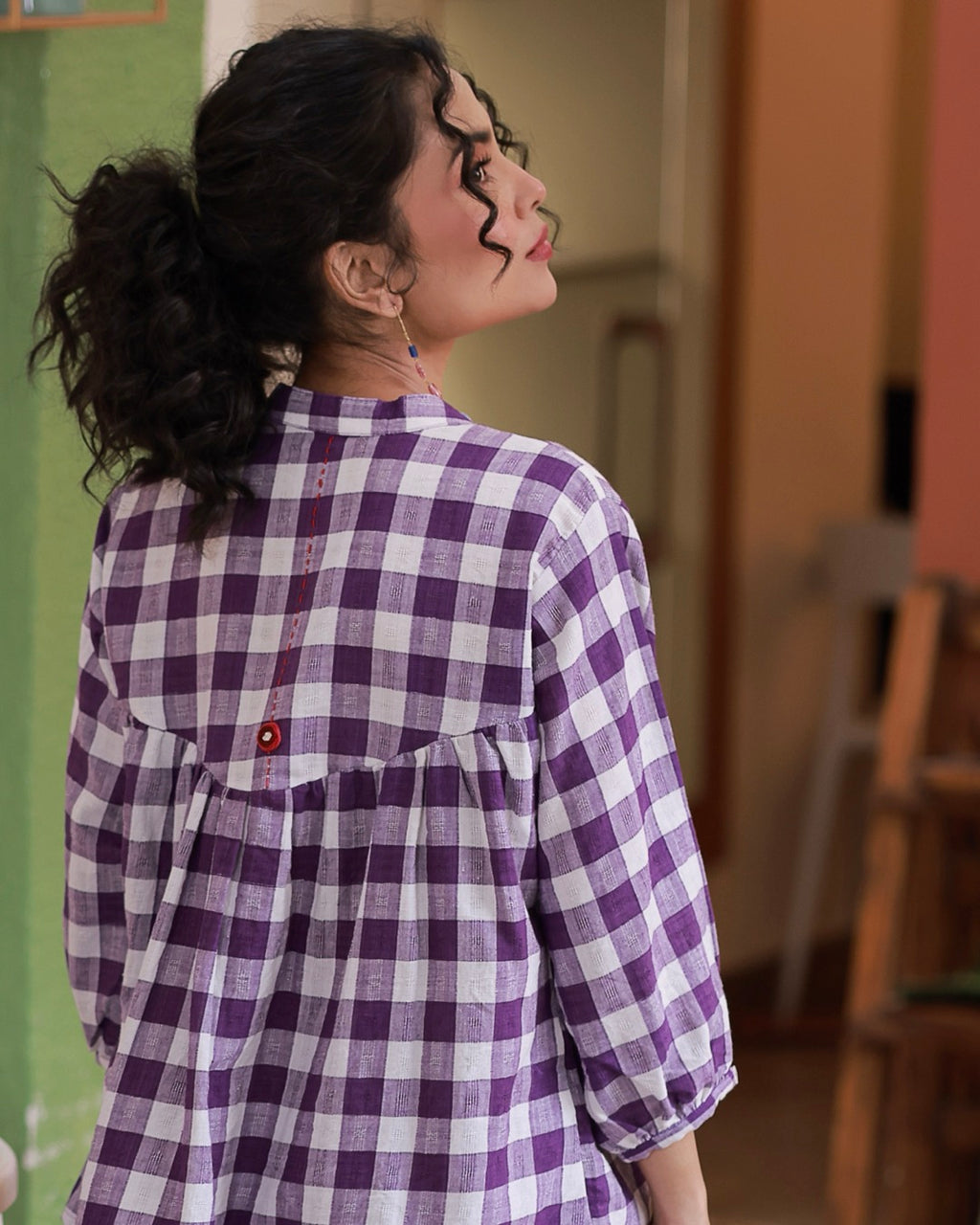 Shop Violet Gingham Handwoven cotton Shirt online at bebaakstudio.com