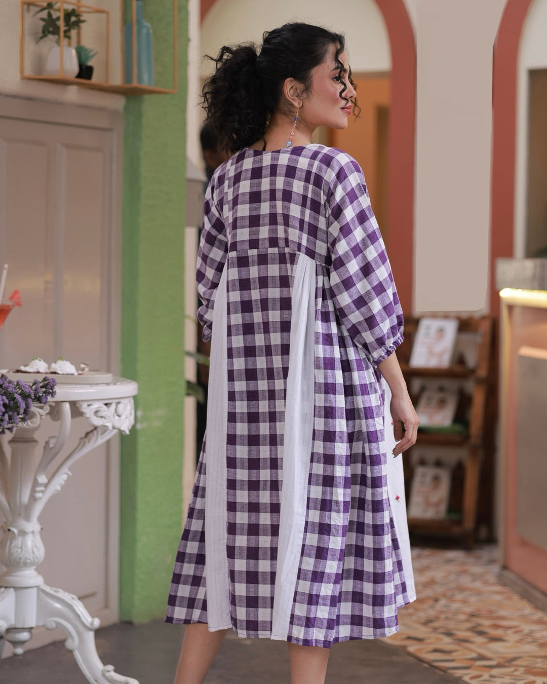 Shop Dress: Anti fit gathered check cotton dress online at bebaakstudio.com