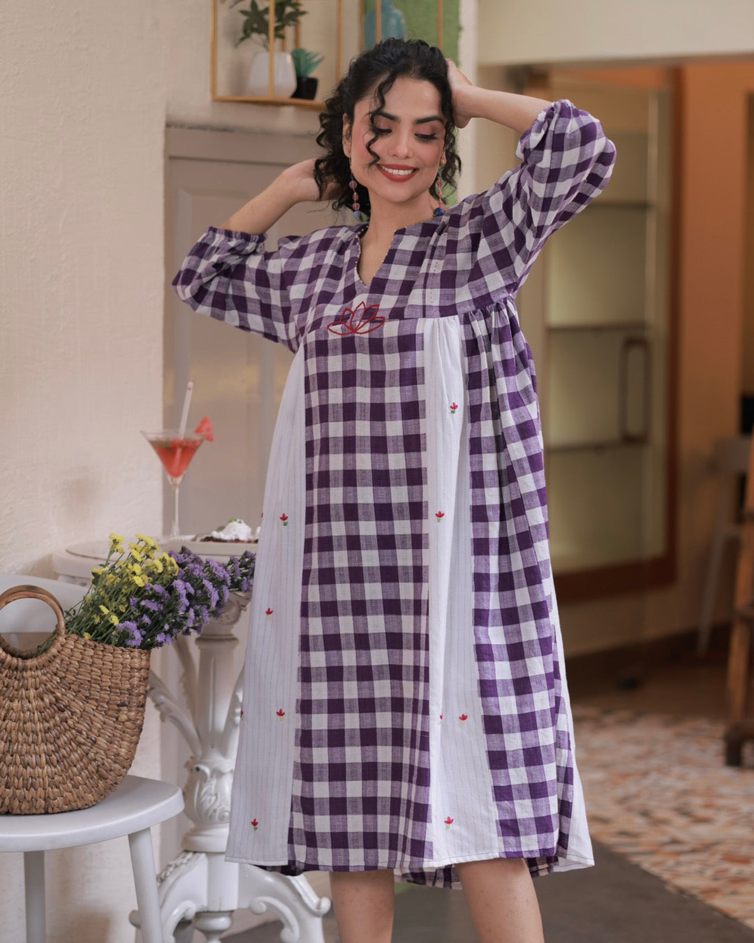 Shop Dress: Anti fit gathered check cotton dress online at bebaakstudio.com