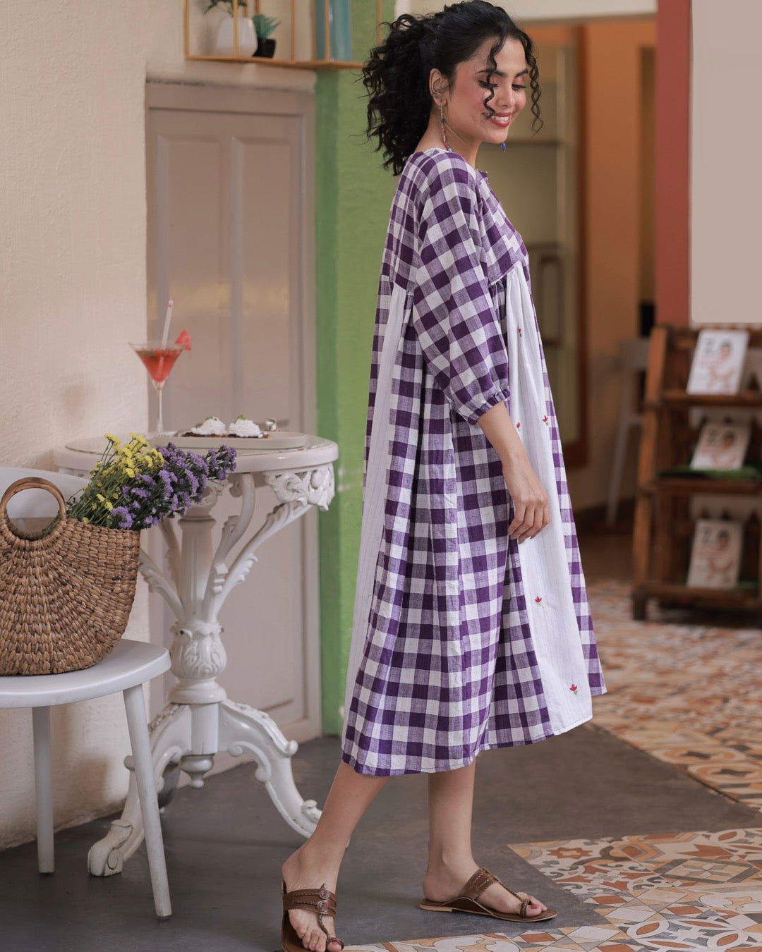 Shop Dress: Anti fit gathered check cotton dress online at bebaakstudio.com