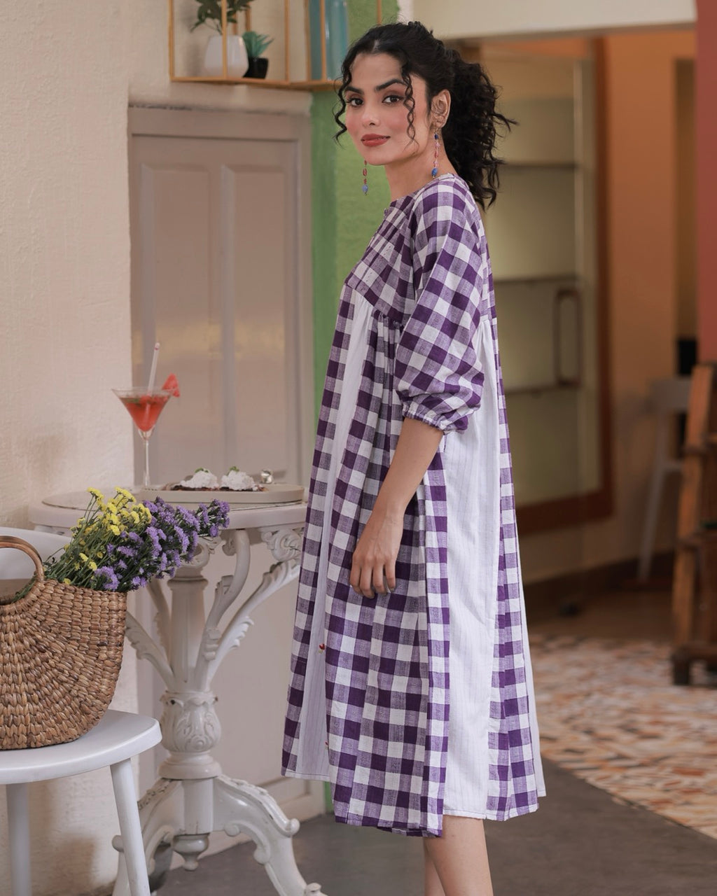 Shop Dress: Anti fit gathered check cotton dress online at bebaakstudio.com
