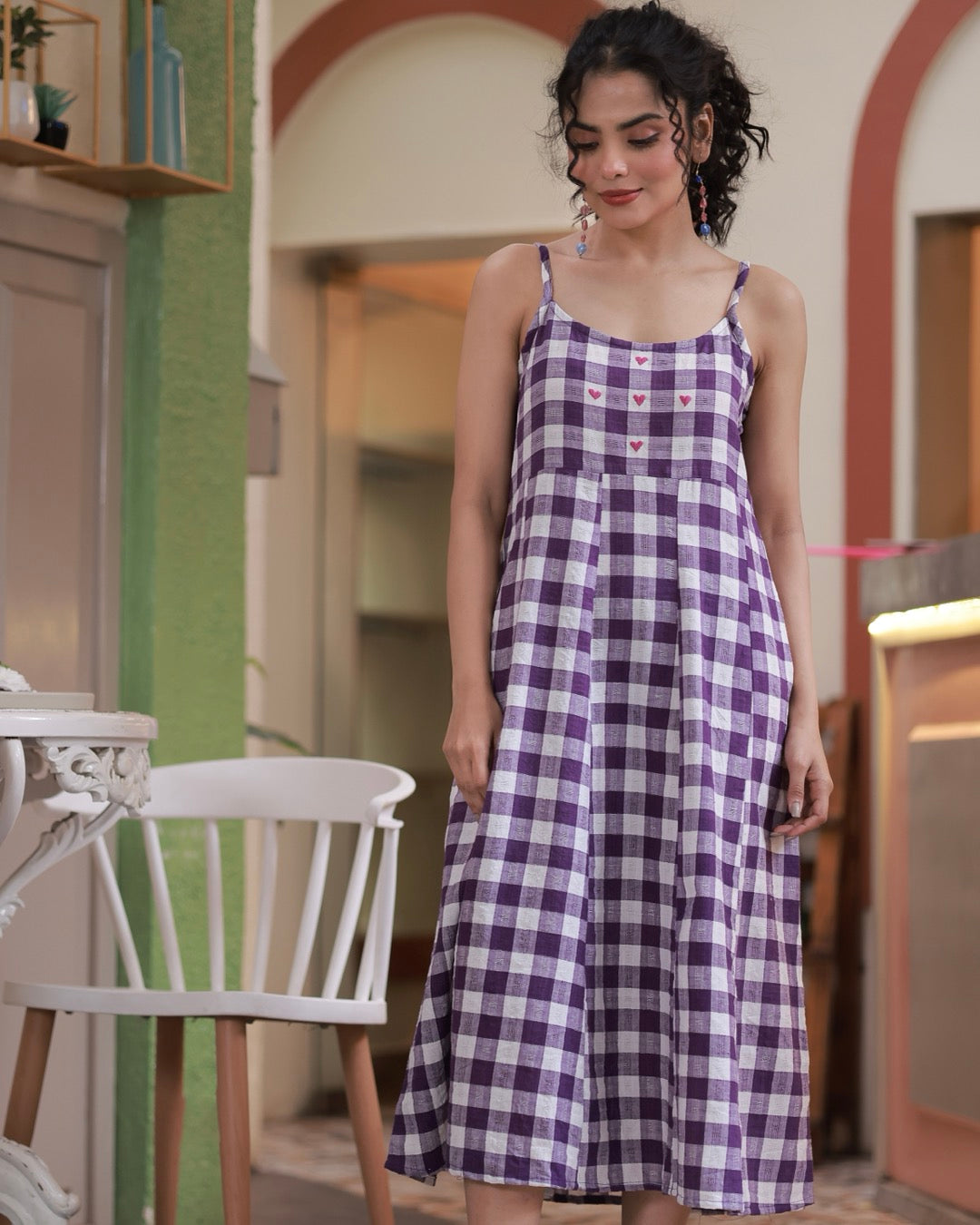 Shop Dress: Violet check cotton panel dress online at bebaakstudio.com