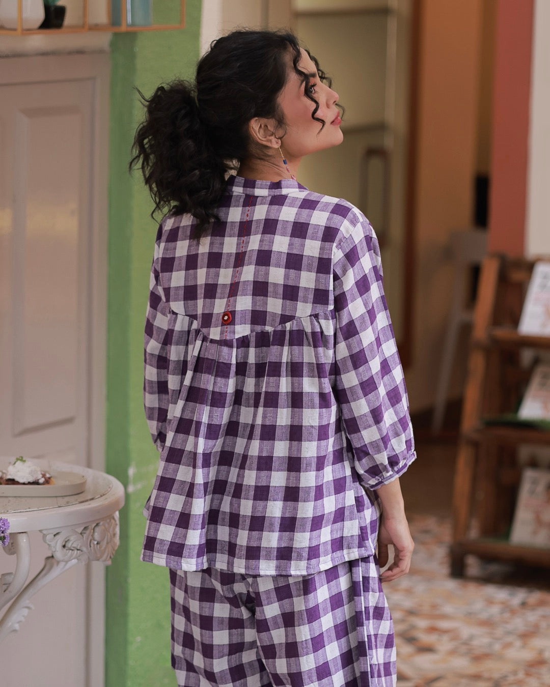 Shop Violet checkered Shirt handcrafted Co-ord
