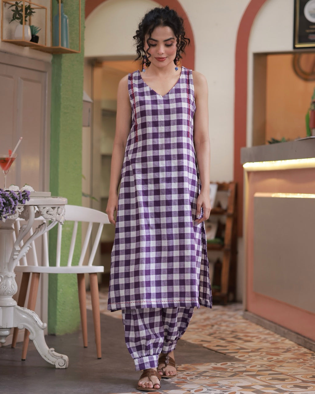 Shop Salwar suit- Violet check cotton kurta set online at bebaakstudio.com