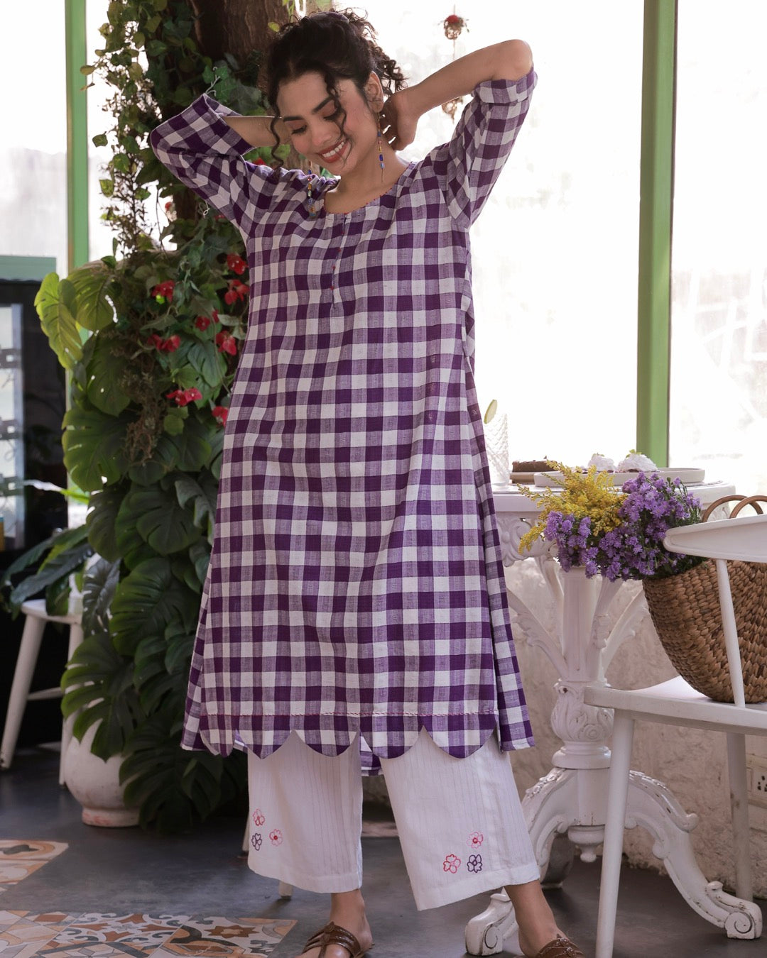 Shop Tunic set: Violet check handcrafted cotton tunic set online at bebaakstudio.com