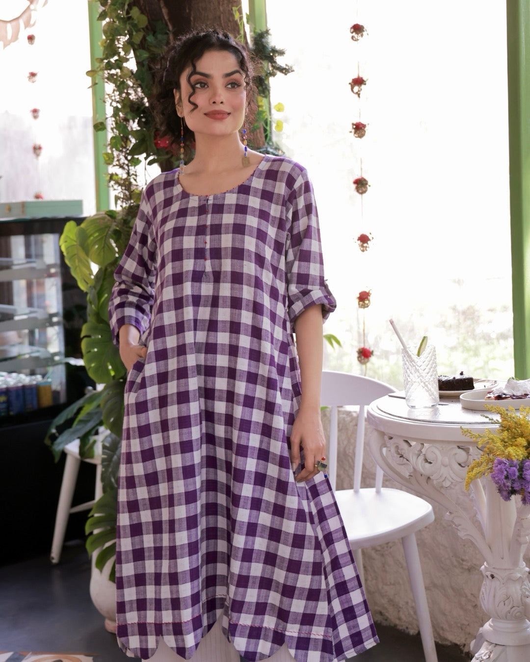 Shop Tunic set: Violet check handcrafted cotton tunic set online at bebaakstudio.com