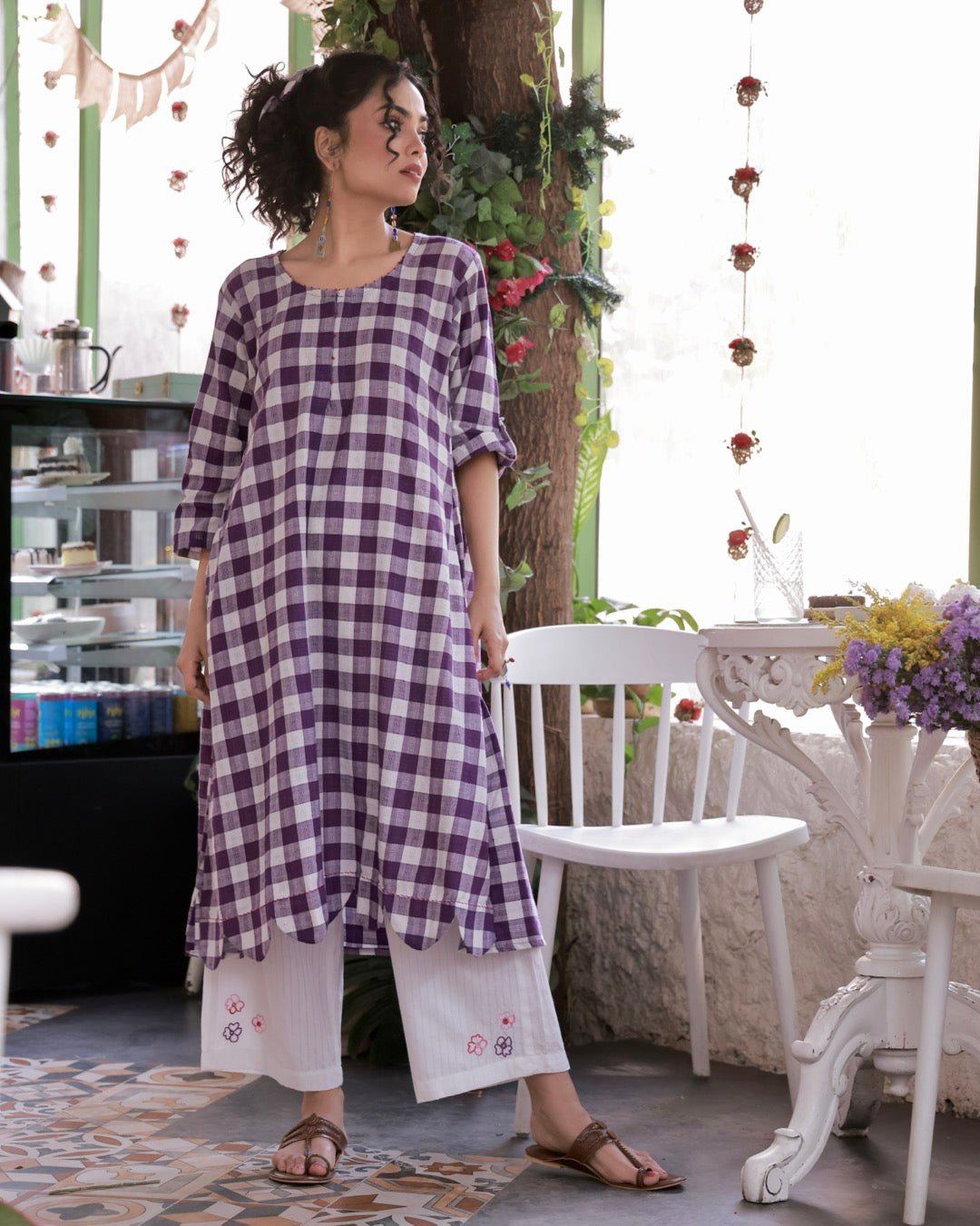 Shop Tunic set: Violet check handcrafted cotton tunic set online at bebaakstudio.com