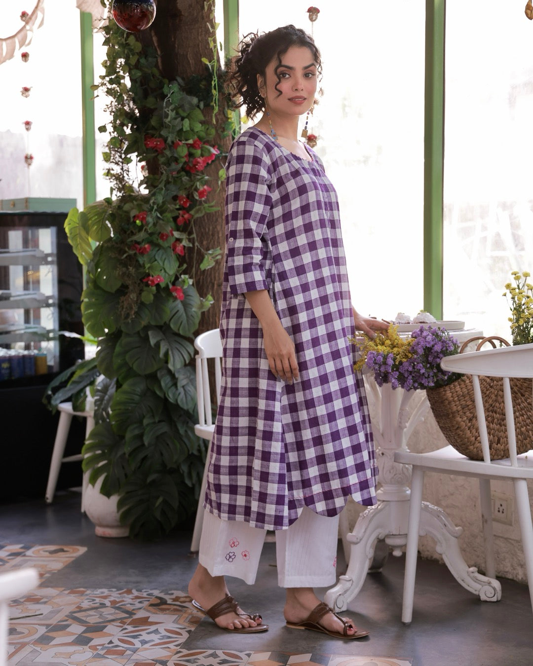 Shop Tunic set: Violet check handcrafted cotton tunic set online at bebaakstudio.com
