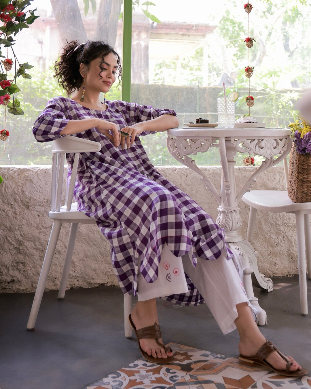 Shop Tunic set: Violet check handcrafted cotton tunic set online at bebaakstudio.com