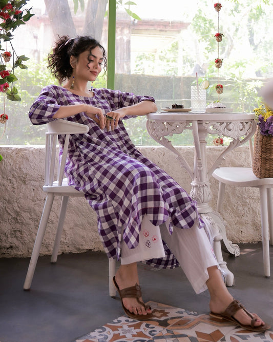 Shop Tunic set: Violet check handcrafted cotton tunic set online at bebaakstudio.com