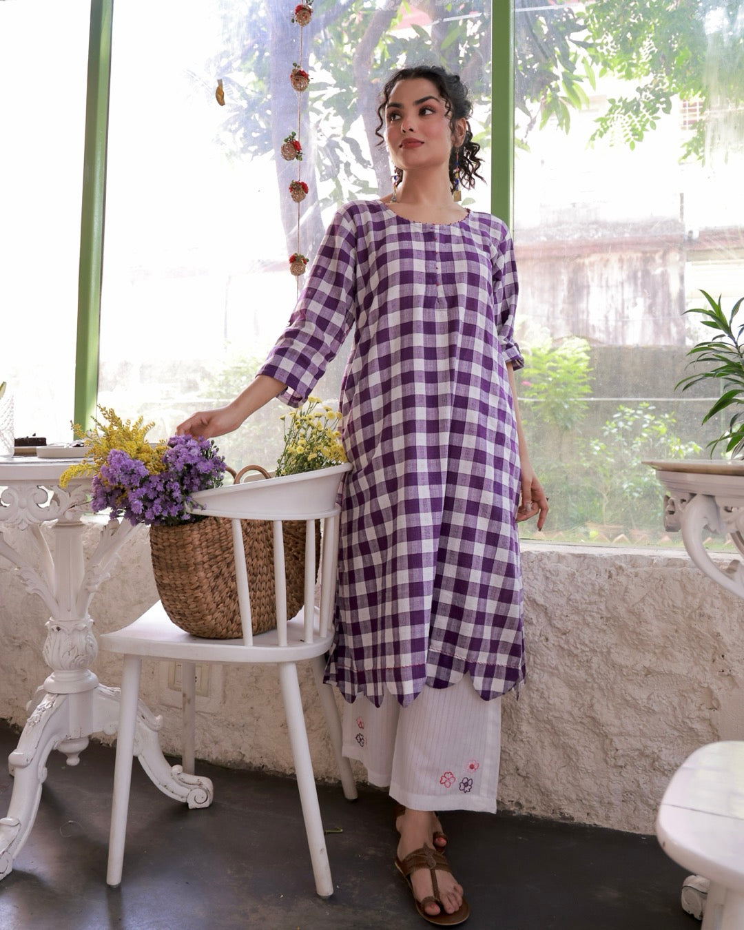 Shop Tunic set: Violet check handcrafted cotton tunic set online at bebaakstudio.com
