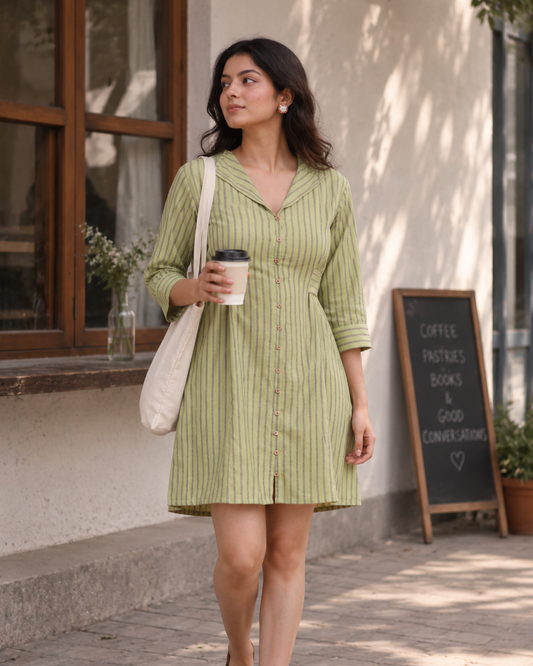 A woman walking outdoors on a sidewalk next to a building, wearing a light green and white vertically striped button-up shirt dress, holding a coffee cup and a white shoulder bag.
