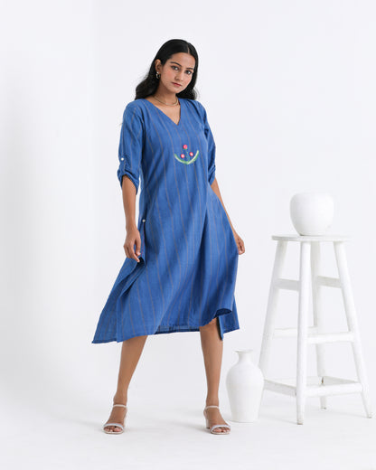 Shop Blue embroidered asymmetrical dress online at bebaakstudio.com