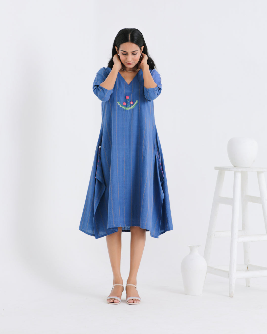 Shop Blue embroidered asymmetrical dress online at bebaakstudio.com