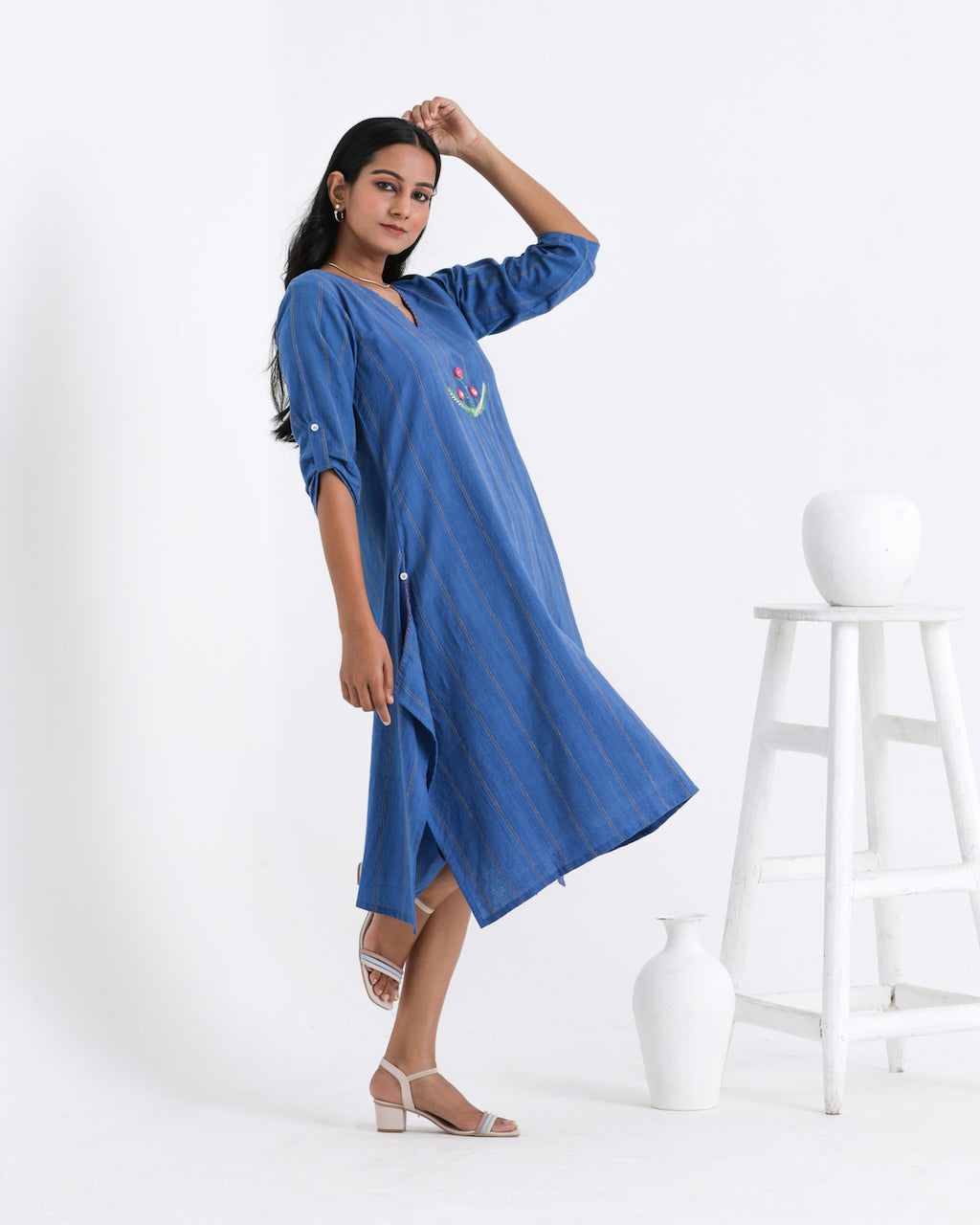 Shop Blue embroidered asymmetrical dress online at bebaakstudio.com