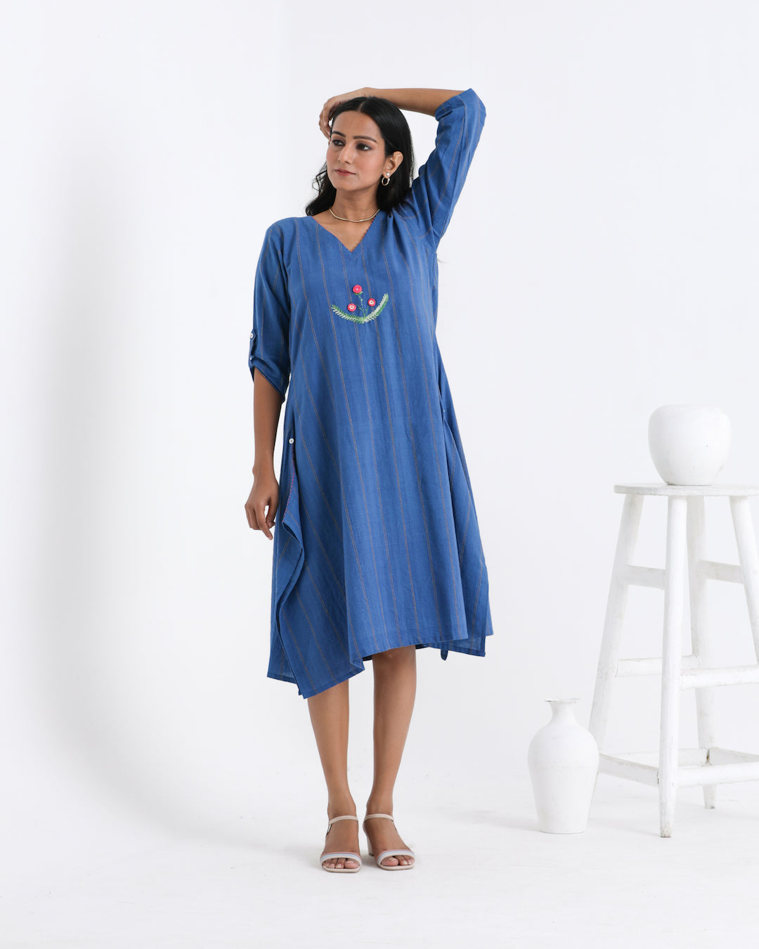 Shop Blue embroidered asymmetrical dress online at bebaakstudio.com