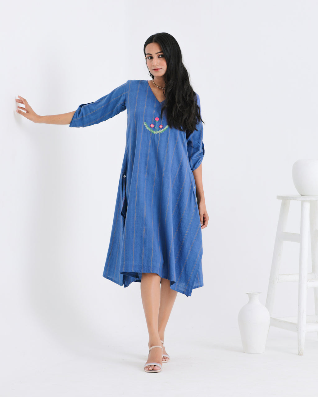 Shop Blue embroidered asymmetrical dress online at bebaakstudio.com