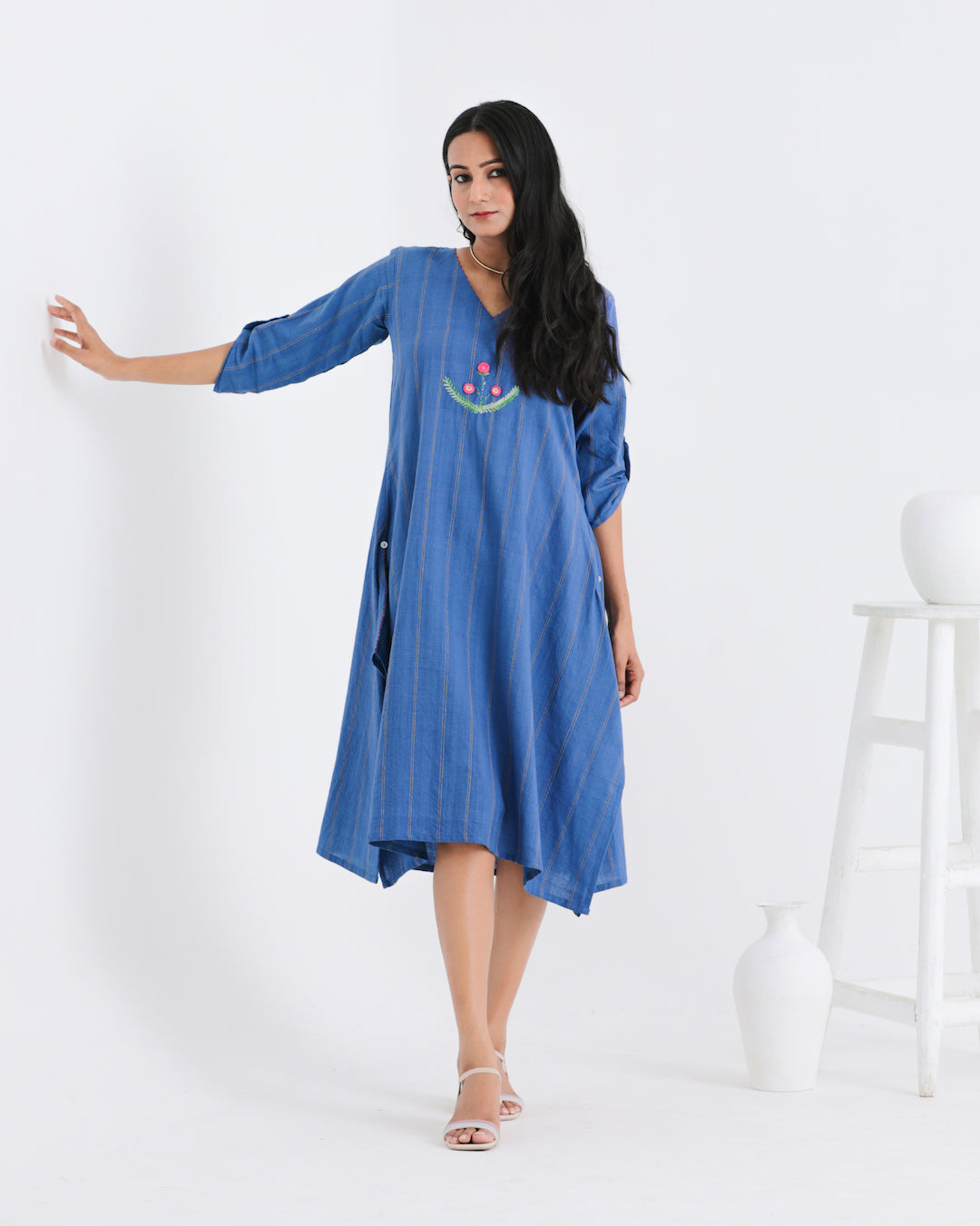 Shop Blue embroidered asymmetrical dress online at bebaakstudio.com