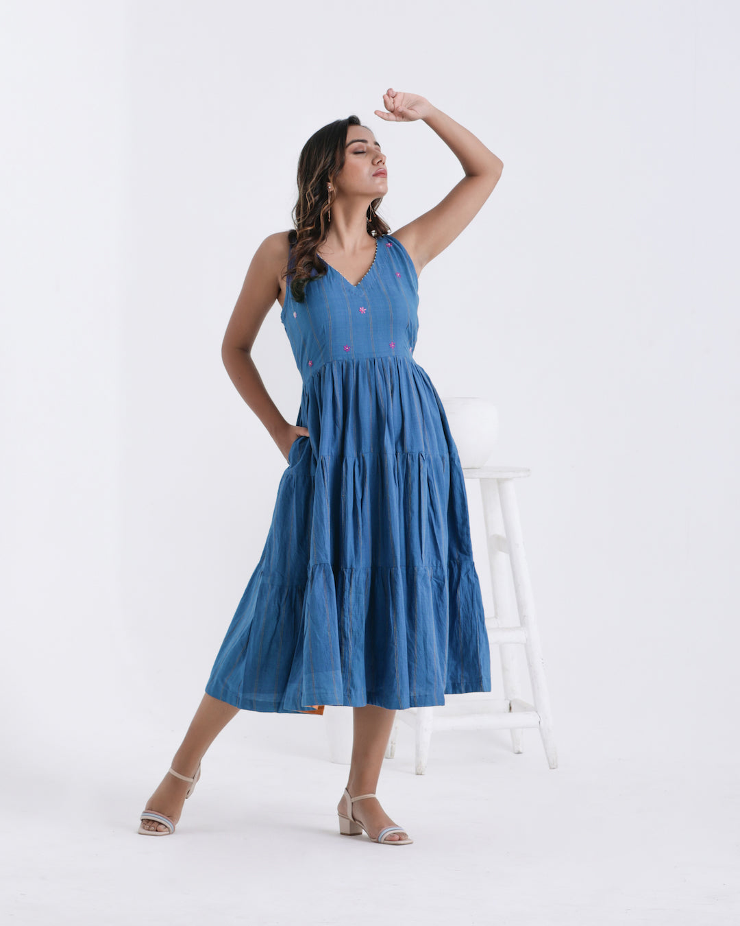 Shop Blue embroidered flared dress online at bebaakstudio.com