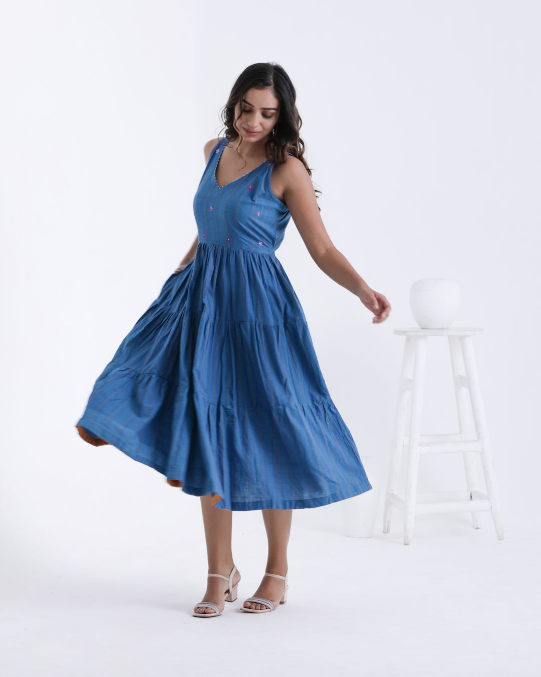 Shop Blue embroidered flared dress online at bebaakstudio.com