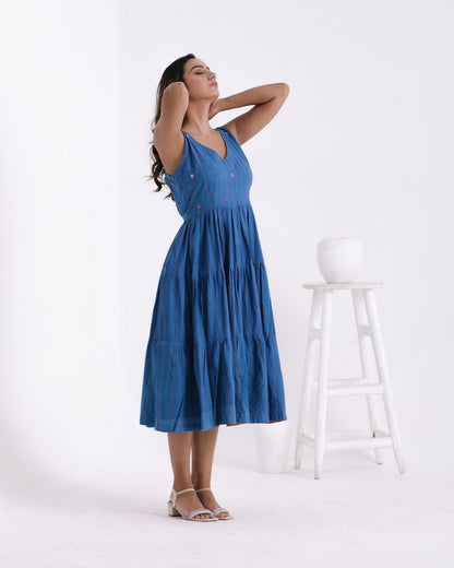 Shop Blue embroidered flared dress online at bebaakstudio.com