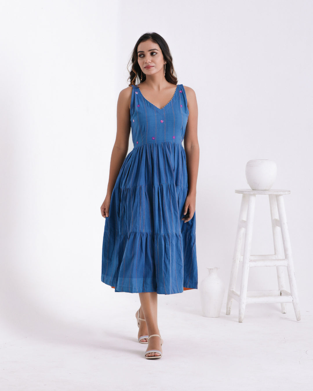 Shop Blue embroidered flared dress online at bebaakstudio.com