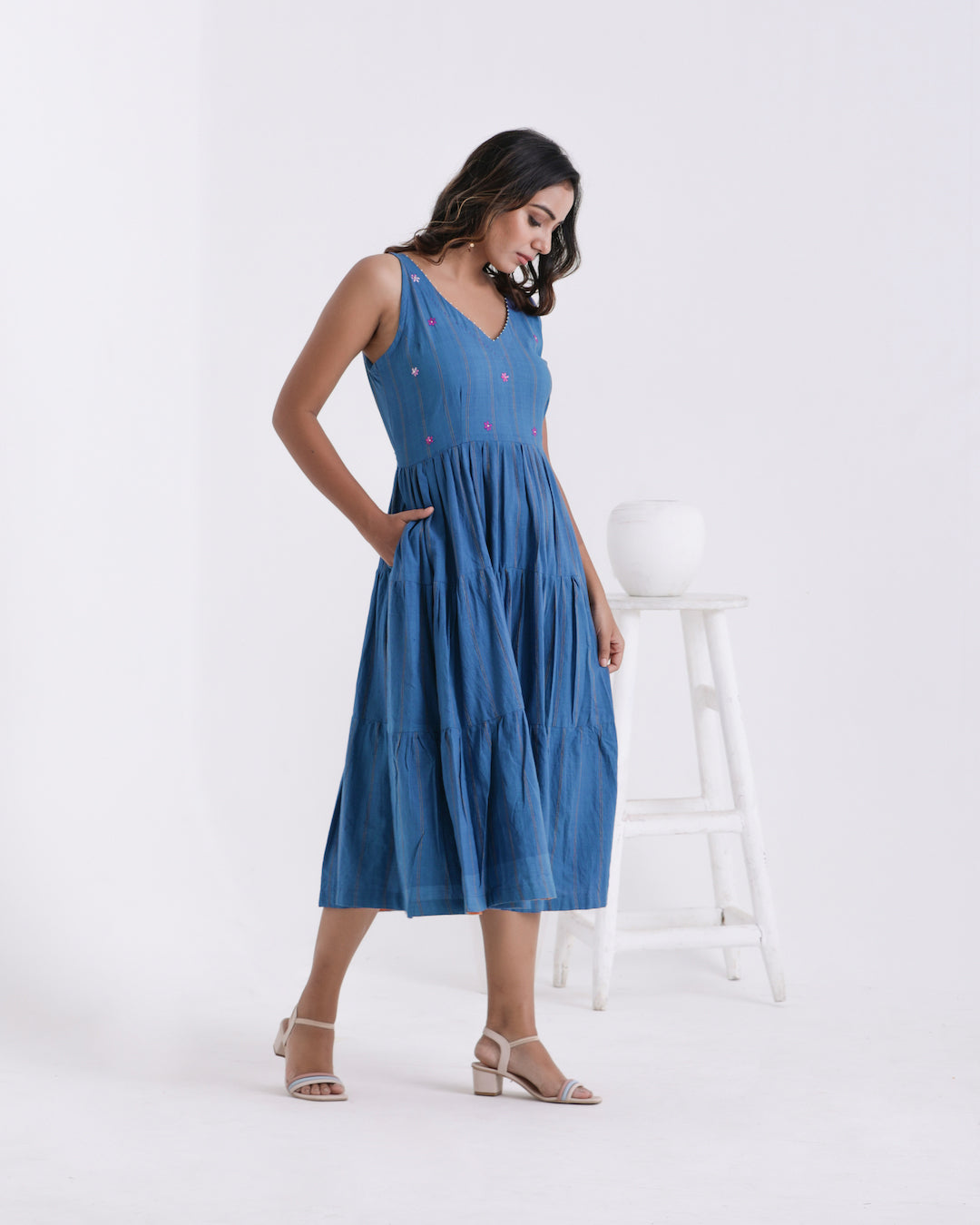 Shop Blue embroidered flared dress online at bebaakstudio.com