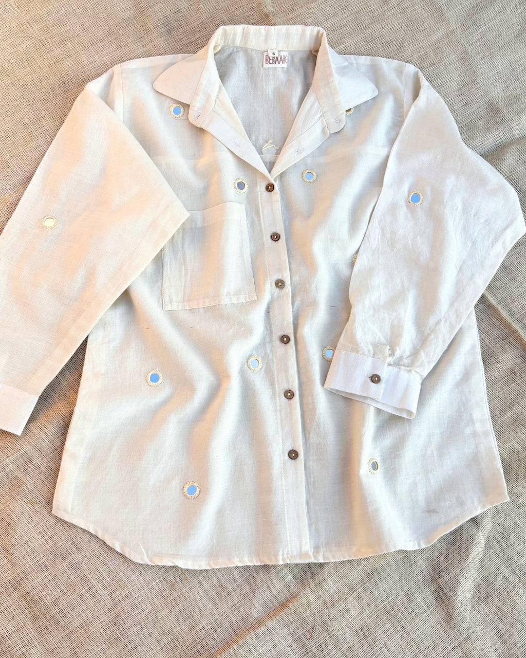 White button-up mirror work muslin shirt
