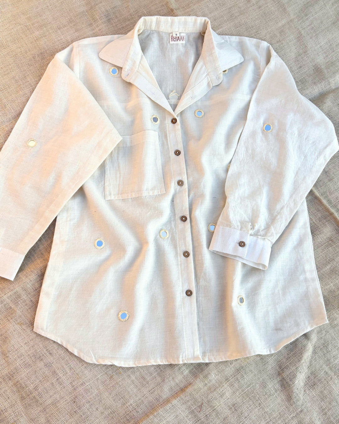 White button-up mirror work muslin shirt