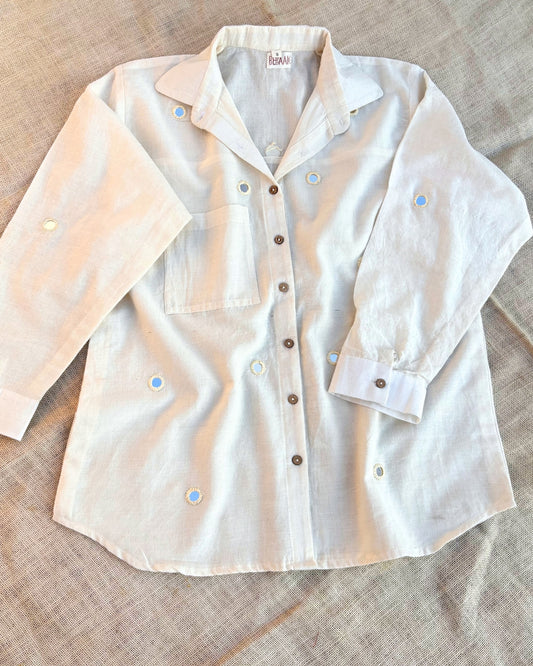 White button-up mirror work muslin shirt