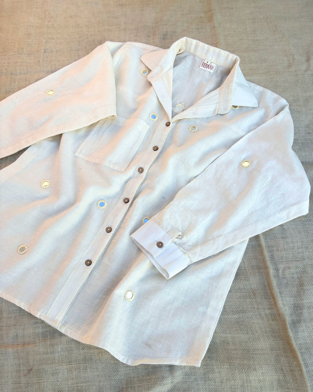 White button-up mirror work muslin shirt