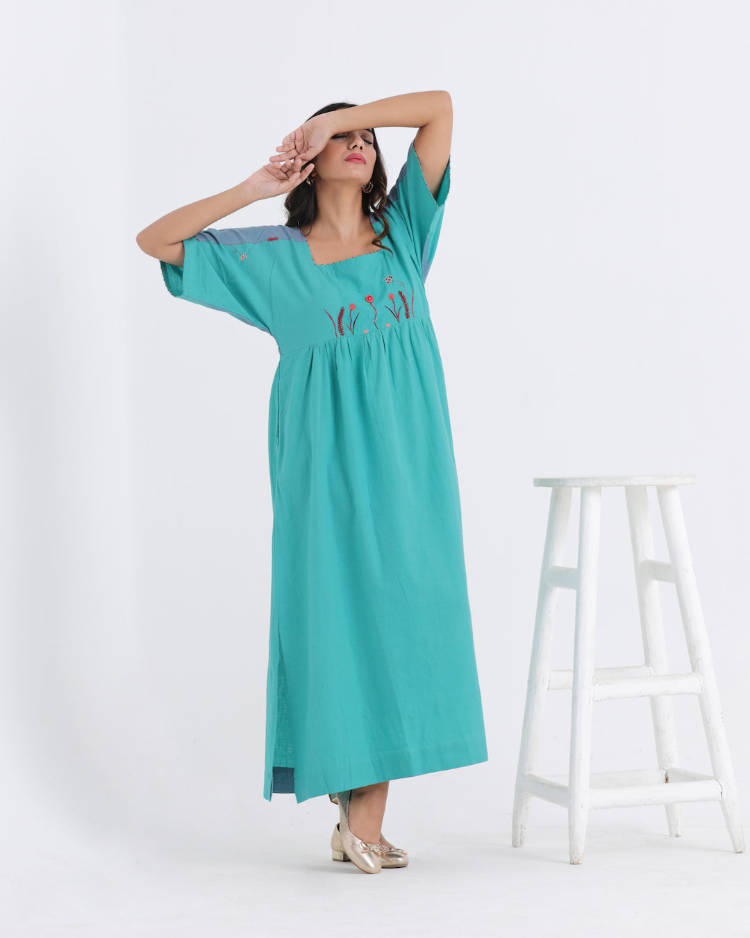 Shop teal embroidered anti fit casual dress