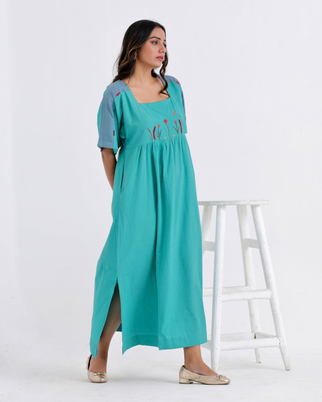 Shop teal embroidered anti fit casual dress