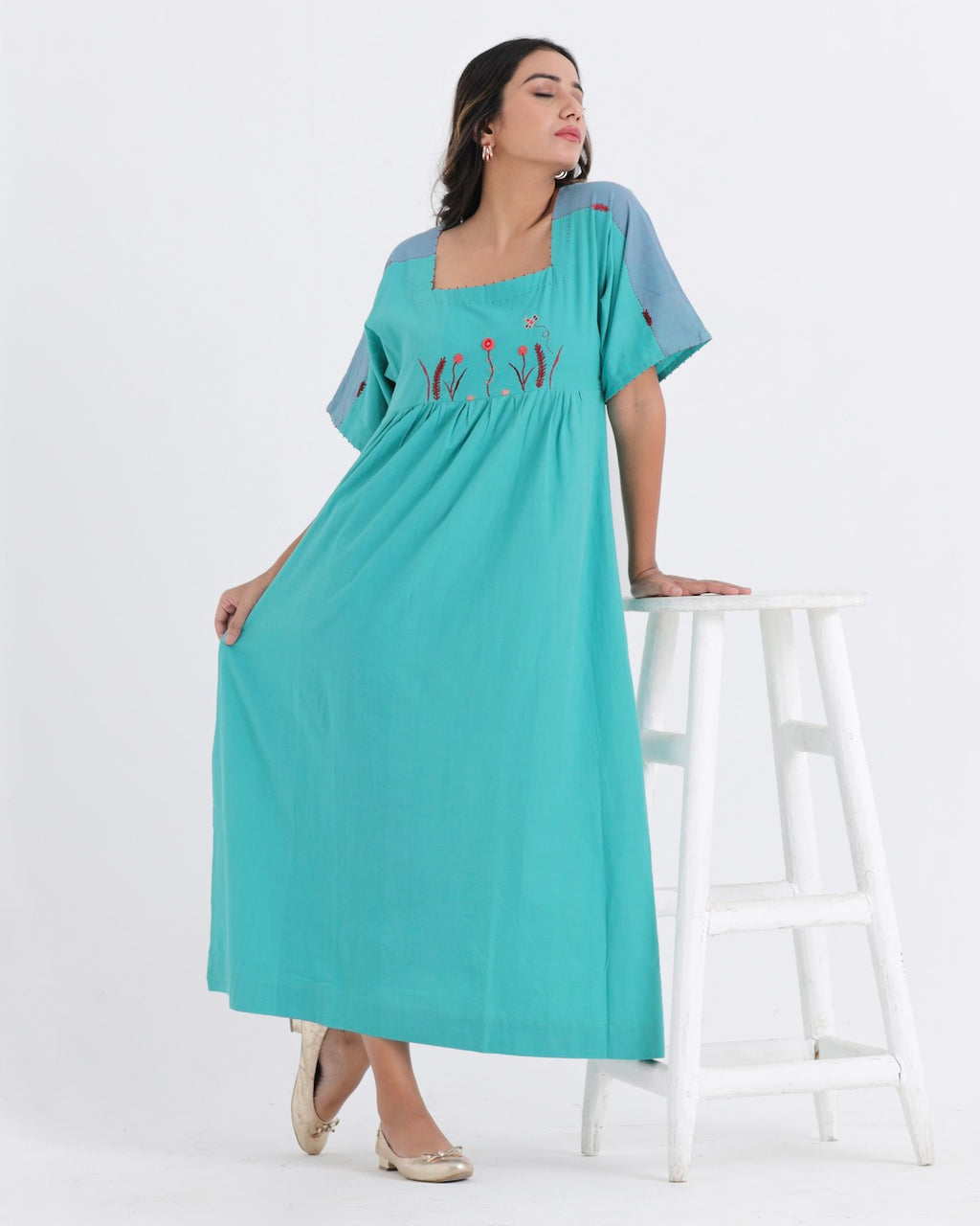 Shop teal embroidered anti fit casual dress