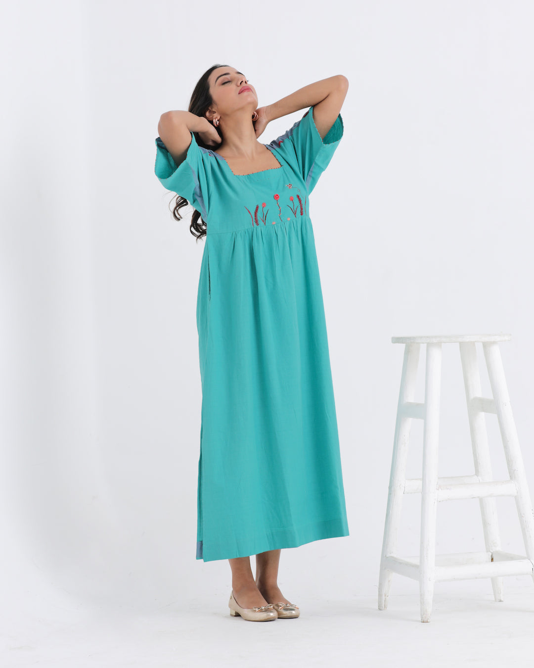 Shop teal embroidered anti fit casual dress