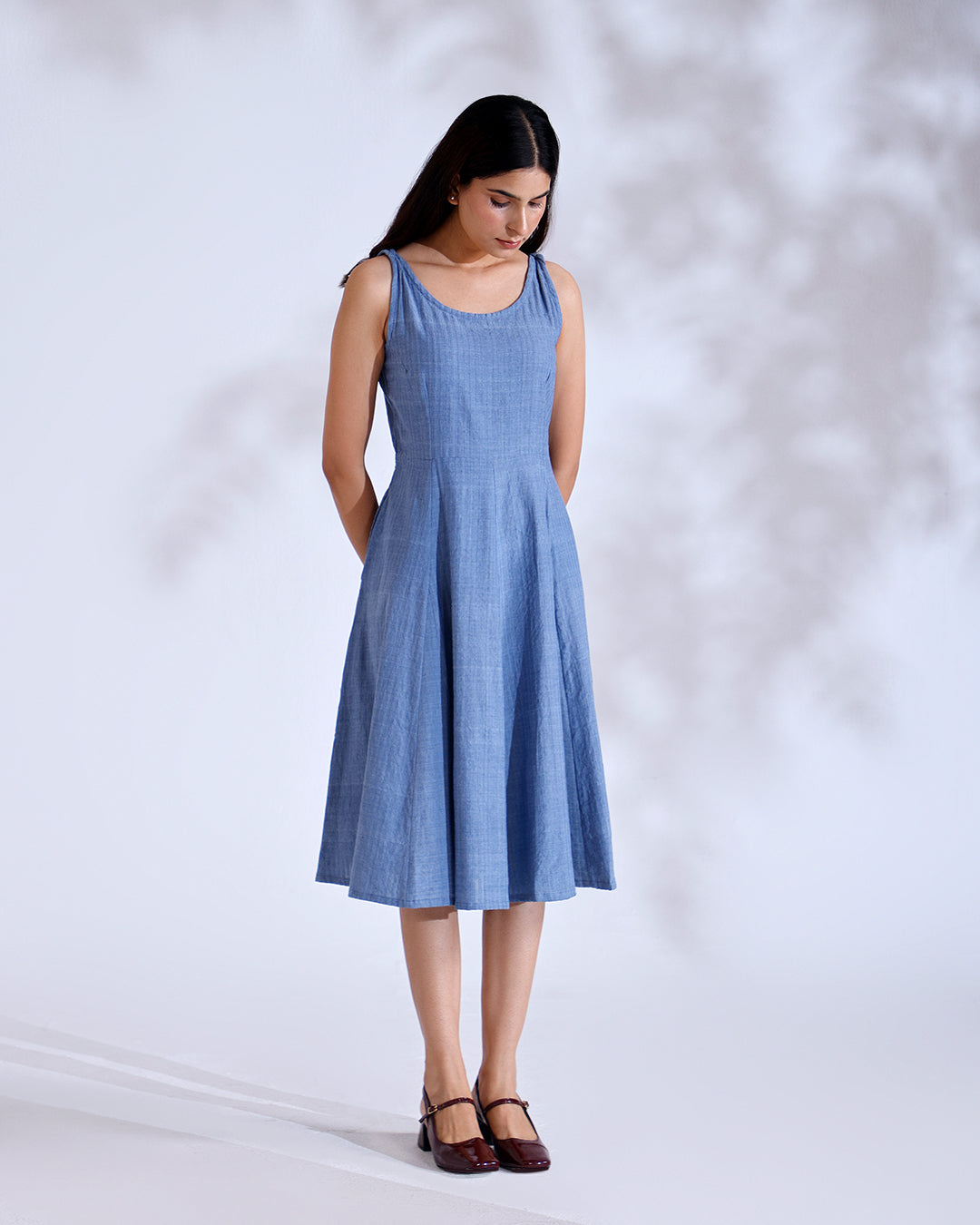 Luna Dusky Blue Handwoven Cotton Midi Dress