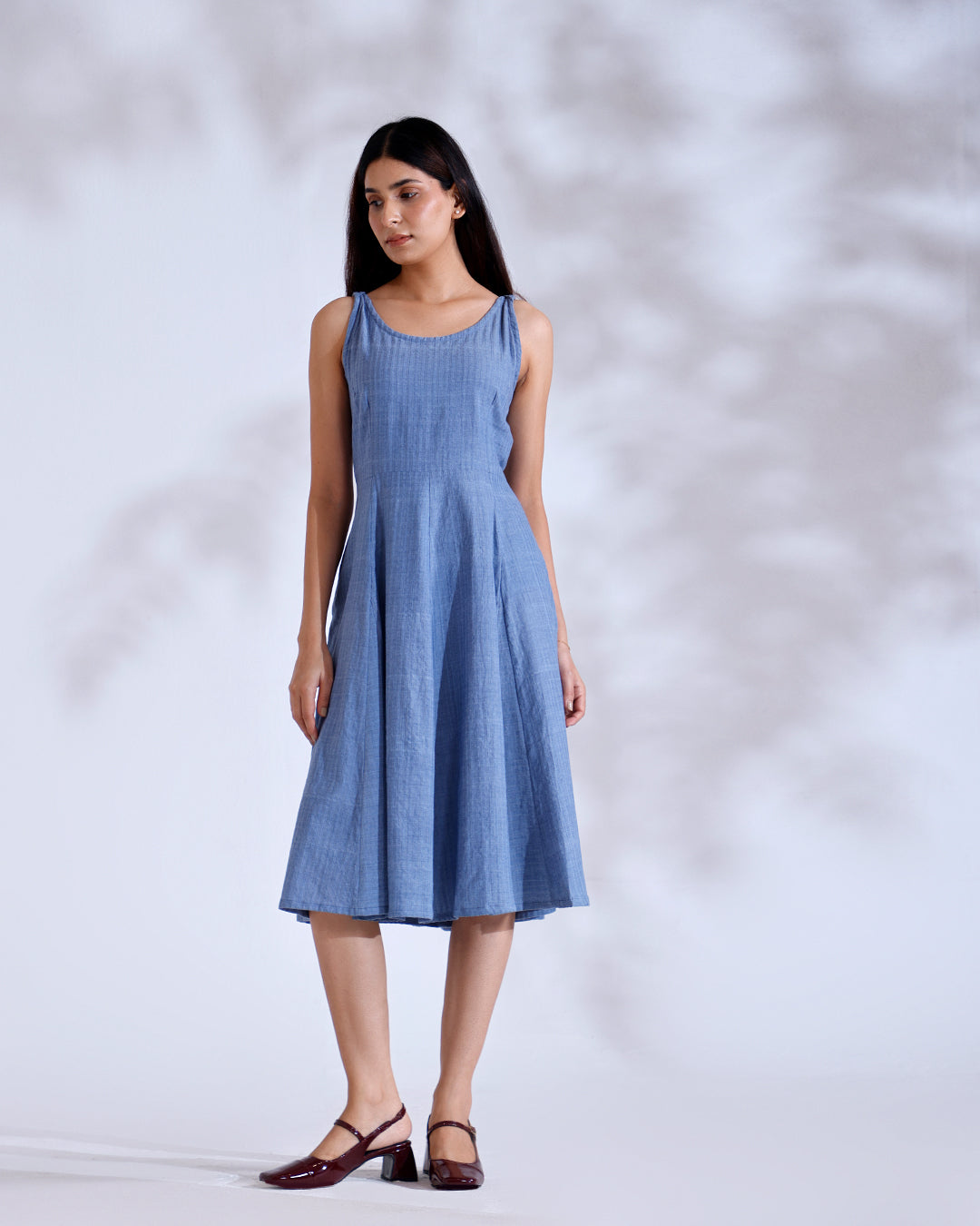 Luna Dusky Blue Handwoven Cotton Midi Dress