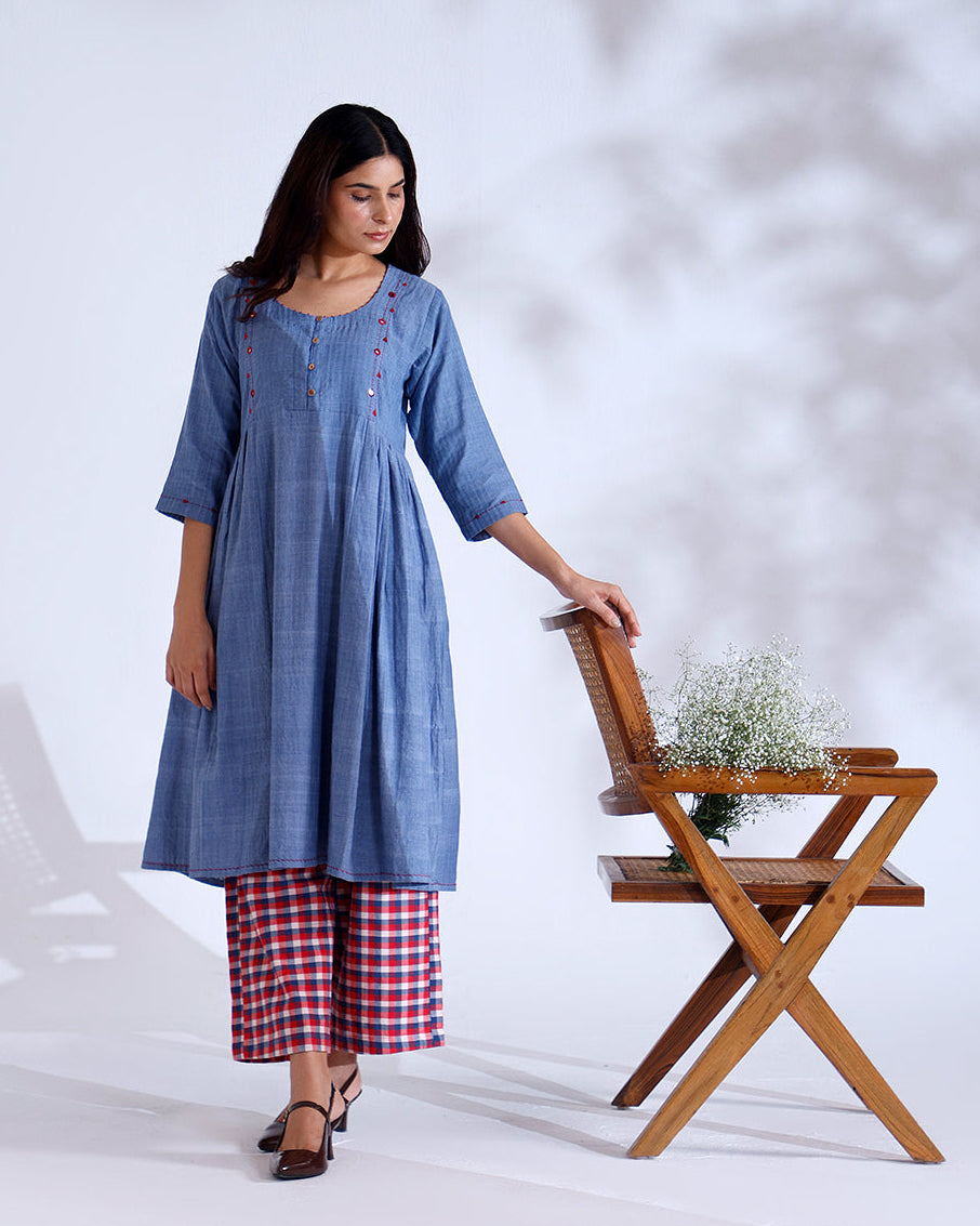 Moon Dusky Blue Mirror Handwoven Cotton Tunic Set