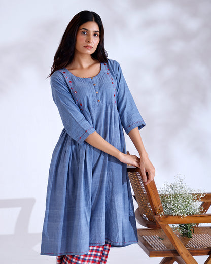 Moon Dusky Blue Mirror Handwoven Cotton Tunic Set