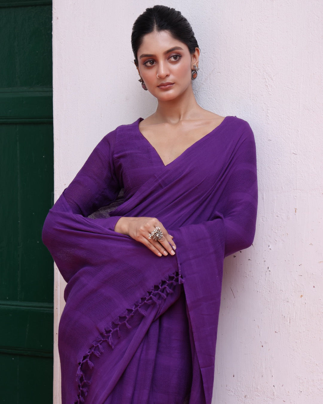 Shop Purple handwoven pure cotton saree online at bebaakstudio.com