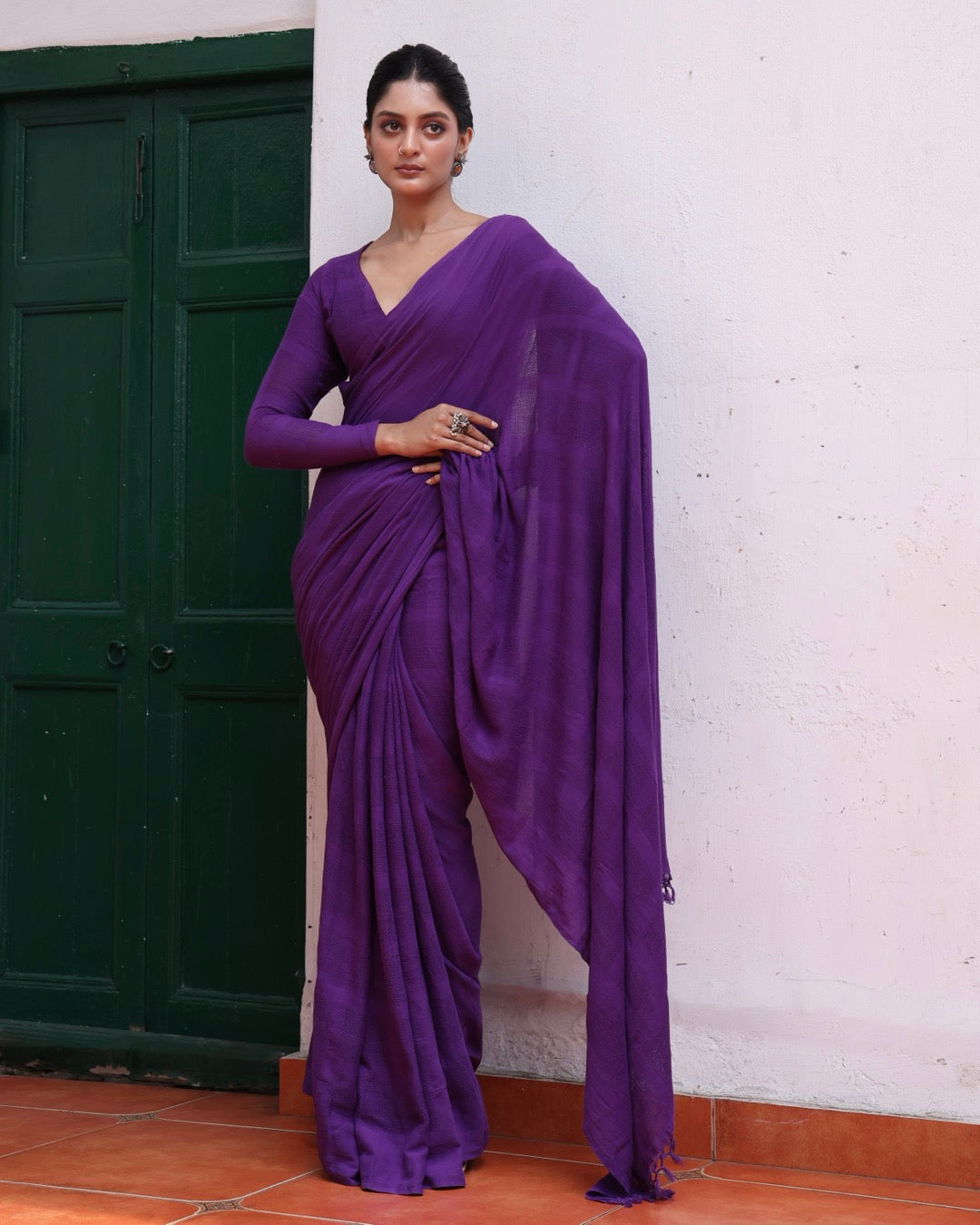 Shop Purple handwoven pure cotton saree online at bebaakstudio.com
