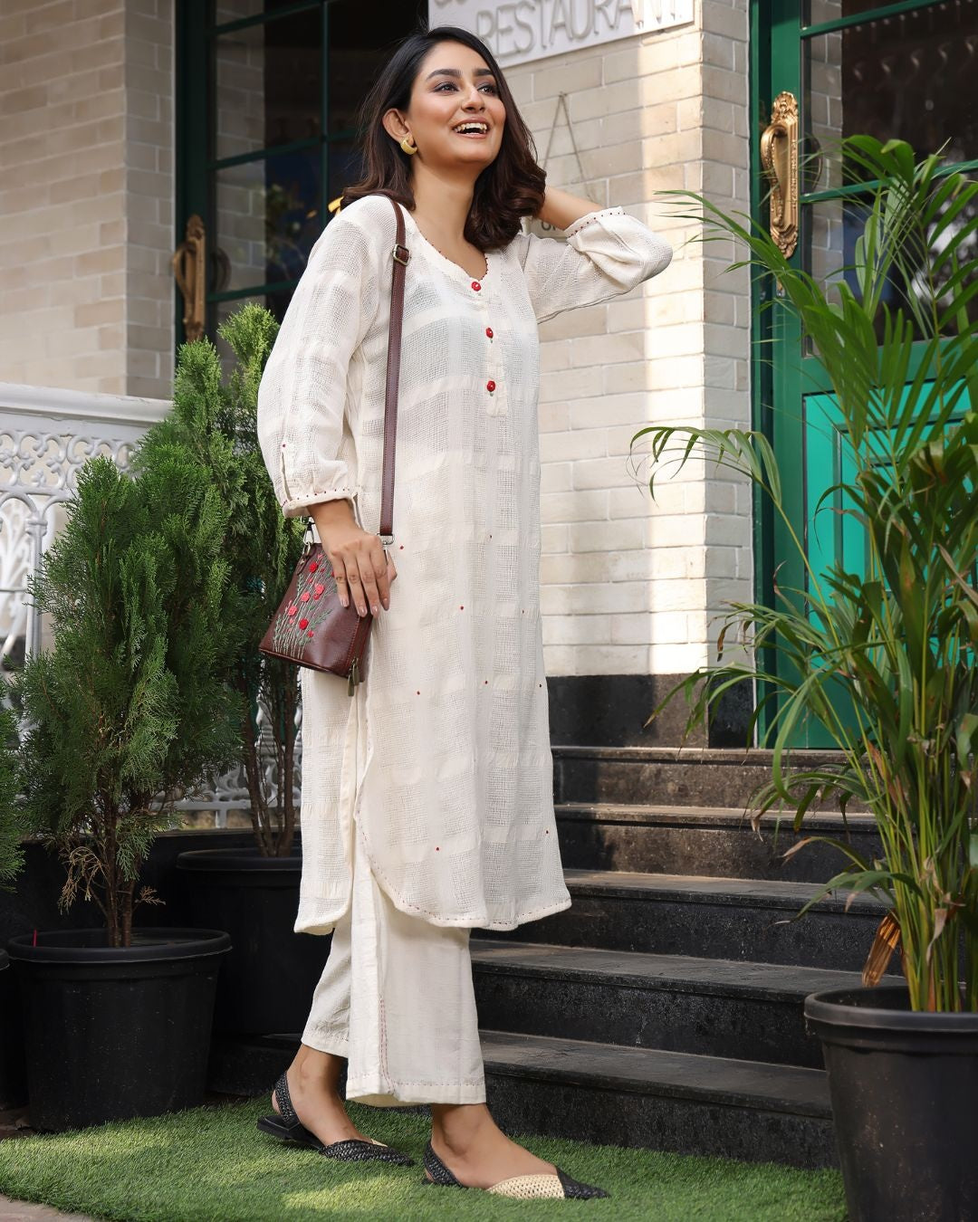 Off white embroidered cotton kurta set