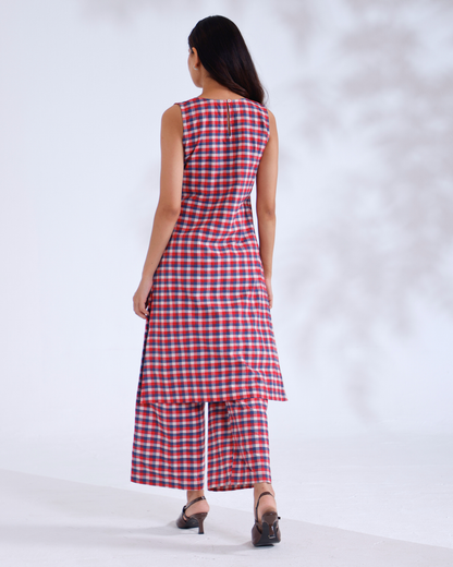 Raina Red Gingham Sleeveless Handwoven Cotton Kurta Set